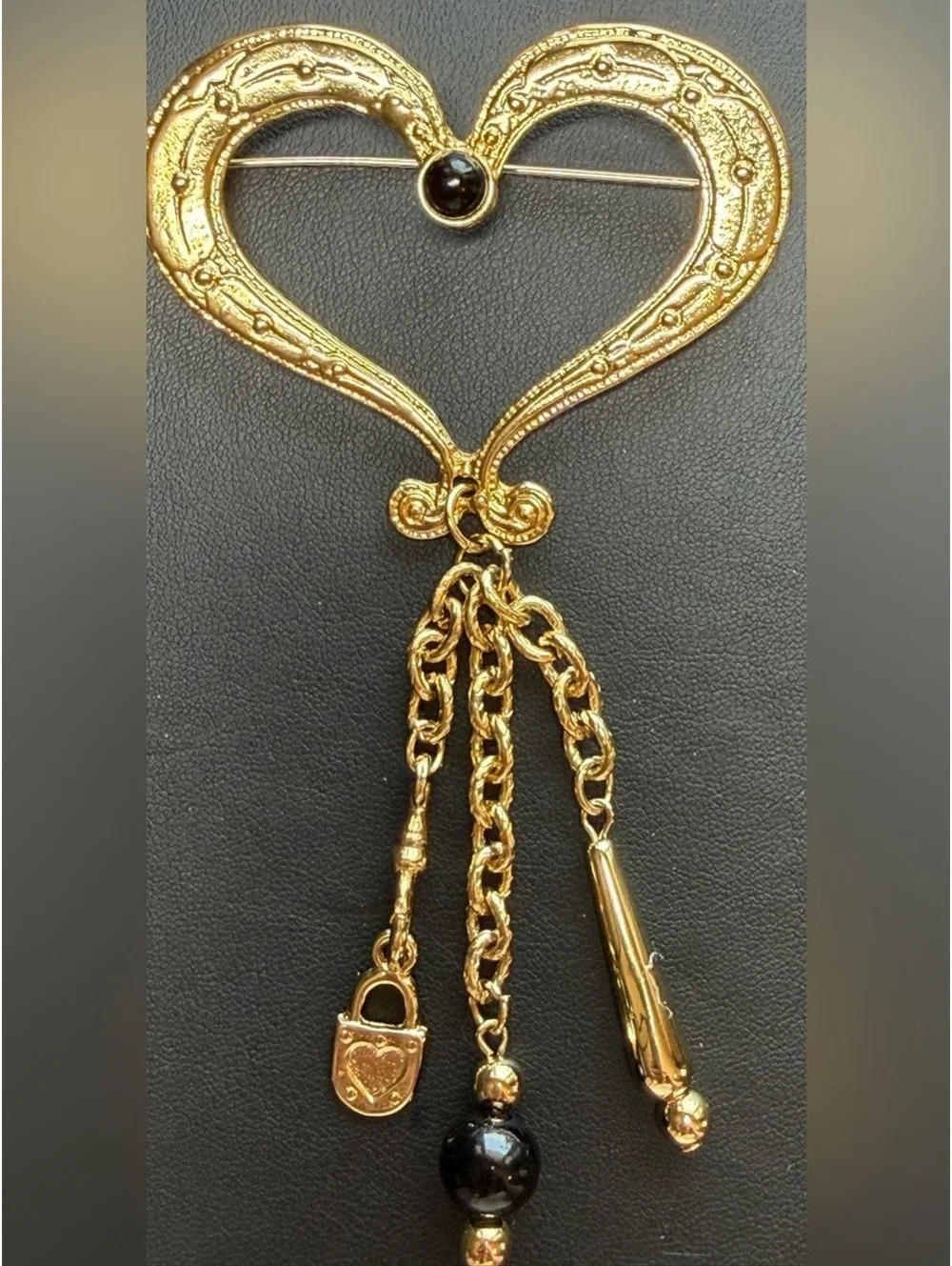 Vintage Gold Tone Open Heart Dangle Brooch w/ Black Bead & Charm Accents [COPY]